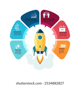 Business icons, startup. Rocket launch of new business ideas, infographics. Design and marketing icons. Can be used for creating workflows, web design, SEO, SERP, finance, people. Vector illustration