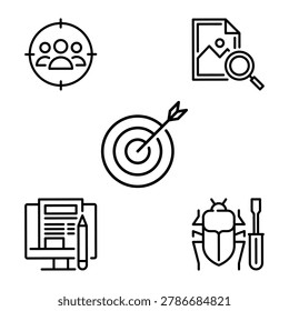 Business icons, strategy, development, research, bugs.