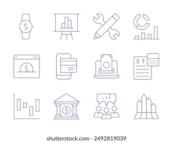Business icons. Thin Line style, editable stroke. wristwatch, website, bar chart, bank, analysis, accounting, meeting, infographic, pencil, online payment, statistics.