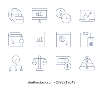 Business icons. Thin Line style, editable stroke. worldwide, wallet, project management, balance, analysis, accounting, money, maslow pyramid, payment, online business, statistics, smartphone.