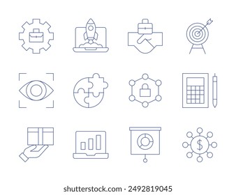 Business icons. Thin Line style, editable stroke. working, vision, profit, bar chart, aim, accountant, money, marketing, partnership, omni channel, startup, skill development.