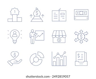 Business icons. Thin Line style, editable stroke. winner, user, bar chart, archive, money, money flow, open book, my business, point of service, pie chart, report, money bag.