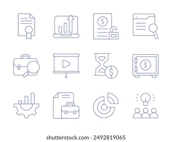 Business icons. Thin Line style, editable stroke. unsecured loan, time is money, improvement, improve, idea, portfolio, pie chart, job seeker, file, presentation, search, safebox.