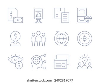Business icons. Thin Line style, editable stroke. training, team leader, lead, cryptocurrency, currency, critical thinking, credit card, creative team, money, receipt, economy.