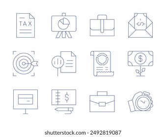 Iconos de negocios. Estilo de línea delgada, trazo editable. impuestos, objetivo, maleta, cronómetro, maletín, factura, dinero, Factura, talonario, resultados, informe.