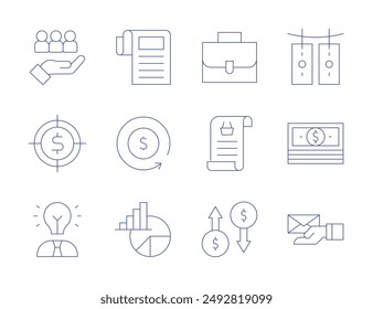 Business icons. Thin Line style, editable stroke. target, profits, briefcase, bill, bank, money, pioneer, pie chart, report, refresh.