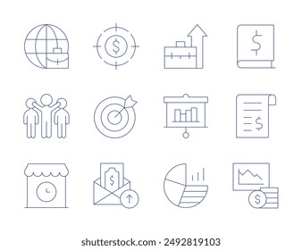 Business icons. Thin Line style, editable stroke. target, bookkeeping, bill, leadership, international business, professional, presentation, pie chart, personal, shop, salary.