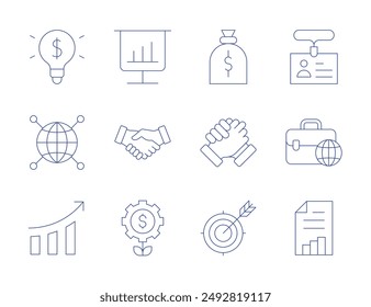 Iconos de negocios. Estilo de línea delgada, trazo editable. internacional, negocio internacional, idea, tarjeta de identificación, apretón de manos, gráfico de crecimiento, crecimiento, bolsa de dinero, análisis.