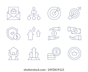 Geschäftssymbole. Thin Line-Stil, bearbeitbarer Strich. Ziel, geben, Geld geben, Münze, eingestellt, Hierarchie, Garantie, Wachstum.