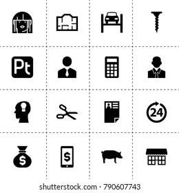 Business icons. vector collection filled business icons. includes symbols such as scissors, pig, businessman, car lift, screw, plan, woman. use for web, mobile and ui design.