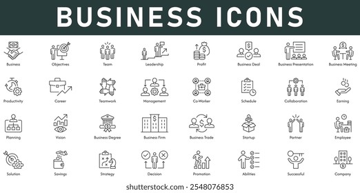 Business Icons ilustração vetorial com linha fina editável traço conter trabalho em equipe meta liderança lucro negócio reunião apresentação carreira gerenciamento de produtividade planejamento solução comércio