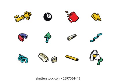 Business icons. Vector. Mug with coffee. Decorative items. Golden key, lightning, magnet, ball. Cartoon signs, symbols.