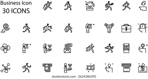 Business Icons Vector Set. 30 Corporate, Finance, Marketing, and Strategy Line Icons.