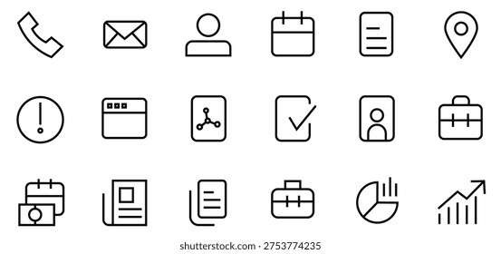 Business icons vector set, corporate office communication graphic, isolated analytics growth chart symbol, minimal line art contact document briefcase collection, professional UI UX design pack