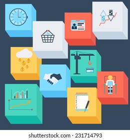 Business icons watche basket badge dollar handshake cloud crane graph man at the computer cartoon flat design style