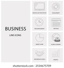  business icons for webinars, development, time management, meetings, market share, global  economy, partnership and growth, vector illustration 