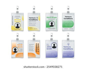 Business id card mockup hanged name badge design template set realistic vector illustration. Corporate conference participant speaker leadership workshop identity identification photo namecard clamp