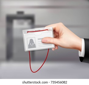 Business id card with red cord displayed in businessman hand closeup realistic image blurred background vector illustration 