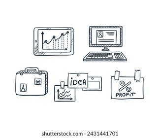 Business ide and making profit icon set in doodle style. Hand drawn vector illustration.