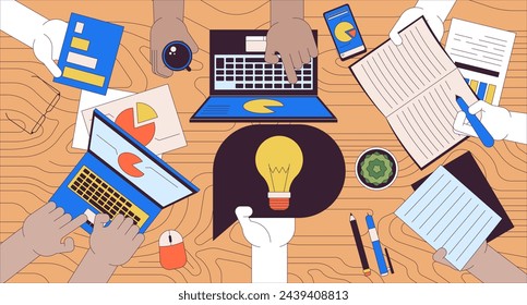 Business idea 2D linear illustration concept. Brainstorm meeting. Colleagues team working in office cartoon scene background. Entrepreneur insights metaphor abstract flat vector outline graphic