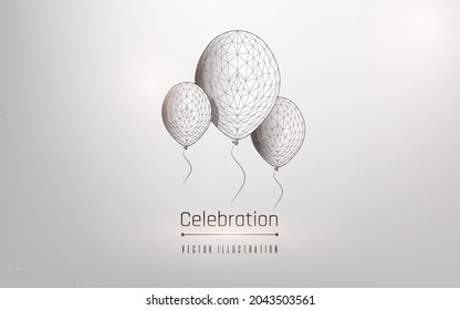 business idea, abstract image with balloon. celebration concept made of lines and triangles. starry sky. dark blue background. wireframe, plexus, dot, vector illustration
