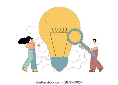 Business idea analysis, business services, teamwork. Flat men examine the idea lamp in a magnifying glass. Vector illustration isolated on white background.