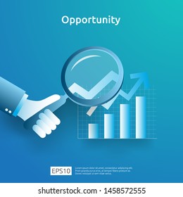 business idea analytic and opportunity research concept with increase growth graphic chart and magnifying glass on hand. Finance performance of return on investment ROI illustration with arrow element