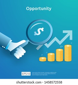 business idea analytic and opportunity research concept with increase growth graphic chart and magnifying glass on hand. Finance performance of return on investment ROI illustration with arrow element