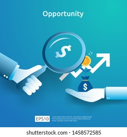 business idea analytic and opportunity research concept with increase growth graphic chart and magnifying glass on hand. Finance performance of return on investment ROI illustration with arrow element