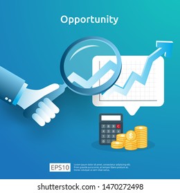 business idea analytic and opportunity research concept with increase growth graphic chart and magnifying glass on hand. Finance performance of return on investment ROI illustration with arrow element
