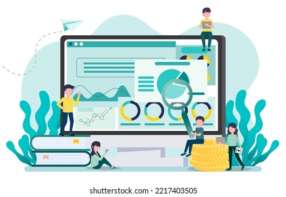 Business Idea. Analyze Abstract Data Online With Business Team. The Report Dashboard Displays High-resolution Data, Strategies, Tactics, And Achievements. Vector Illustration Eps 10.