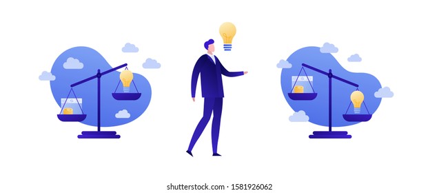Business idea balance people concept. Vector flat person illustration. Libra sign with comparison money and lightbulb symbol isolated on white. Design element for banner, poster, background, web.