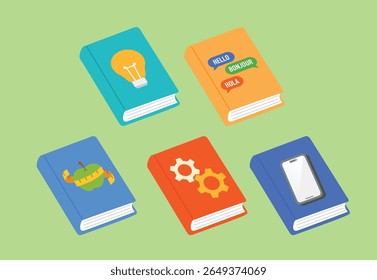 Business Idea Book, Solution Guidebook, Foreign Language Textbook Knowledge, Diet Healthy Eating book, School Technical Egineering Education book For Learning, Application AI Smartphone illustration 
