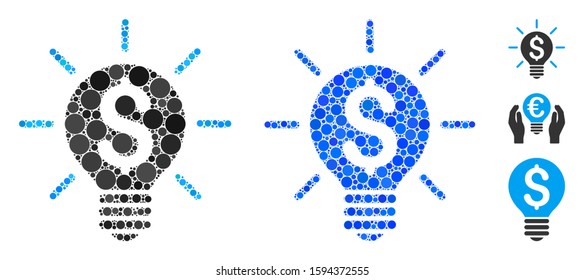 Business idea bulb composition of circle elements in different sizes and color tinges, based on business idea bulb icon. Vector circle elements are organized into blue composition.