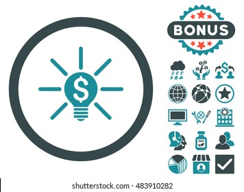 Business Idea Bulb icon with bonus elements. Vector illustration style is flat iconic bicolor symbols, soft blue colors, white background.