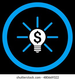 Business Idea Bulb rounded icon. Vector illustration style is flat iconic bicolor symbol, blue and white colors, black background.