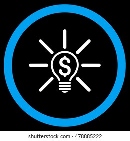 Business Idea Bulb vector bicolor rounded icon. Image style is a flat icon symbol inside a circle, blue and white colors, black background.