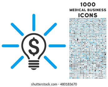 Business Idea Bulb vector bicolor icon with 1000 medical business icons. Set style is flat pictograms, blue and gray colors, white background.