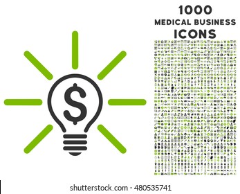 Business Idea Bulb vector bicolor icon with 1000 medical business icons. Set style is flat pictograms, eco green and gray colors, white background.