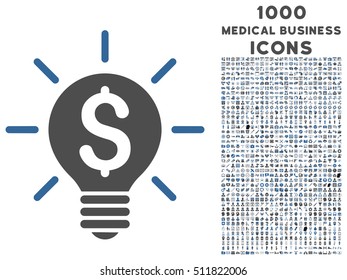 Business Idea Bulb vector bicolor icon with 1000 medical business icons. Set style is flat pictograms, cobalt and gray colors, white background.