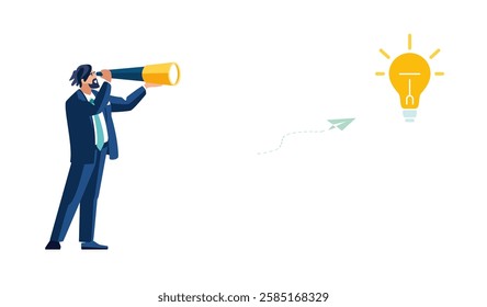Business idea. Businessman in binoculars looks at financial development idea, dollars. Investment business profit growth, investor income increase, people, presentation, poster. Vector illustration
