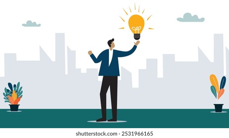 Business idea, businessman company leader got solution to solve business problem or creativity thinking concept, smart businessman holding suitcase thinking and got bright lightbulb lamp on his finger