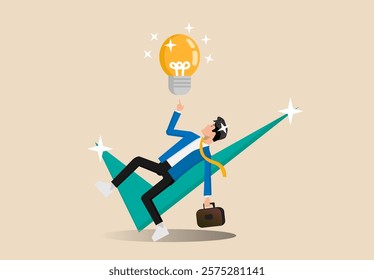 Business idea, businessman company leader got solution to solve business problem or creativity thinking concept, smart businessman holding suitcase thinking and got bright light bulb on his finger