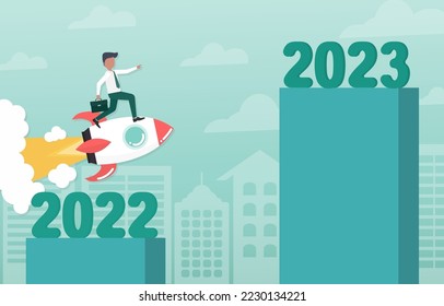 Business idea, businessman standing on rocket to 2023. Happy new year concept. Change from 2022 to 2023. Keep going, Hopes, Goals, Get over obstacles and problems. Vector illustration eps10.