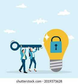 Business idea. Businessman and woman holding a key unlocking fresh or new idea bulb. Concept business creative toughts illustration