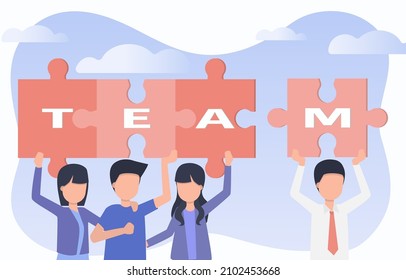 Business idea. A colleague is assembling a jigsaw puzzle. Business project teamwork concept illustration.