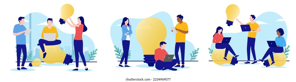 Business idea collection - Set of vector  illustrations with people brainstorming and coming up with new ideas in office. Flat design with white background
