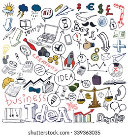 Business Idea Colored Doodle Set. Freehand vector drawings. Isolated white background