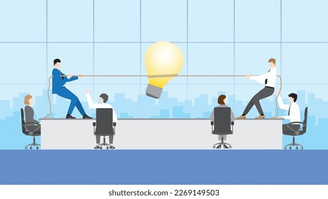 Business idea competition concept. Boss vs employee. Businessmen pull a rope for a big light bulb in a meeting. Conflict, brainstorm, work hard, competing, contest and fight over in office workplace.