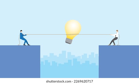Business idea competition concept. Boss vs employee. Businessmen pull a rope for a big light bulb in a meeting. Conflict, brainstorm, work hard, competing, contest and fight over in office workplace.